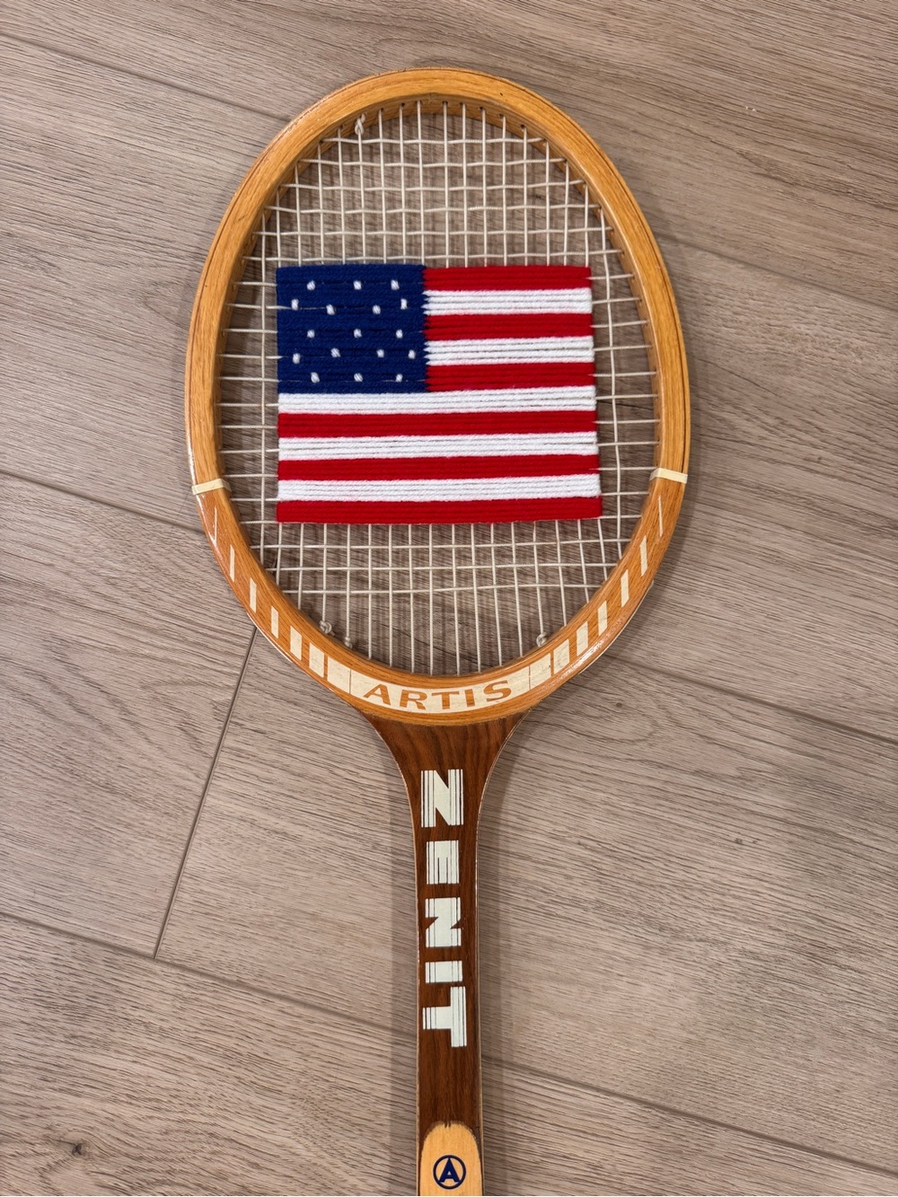 Zenit Artis Wooden Tennis Racket with American Flag Patch